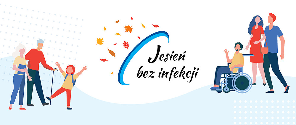 Grafika kampani „Jesień bez infekcji”. Po lewej stronie starsza para spaceruje z wnuczką, a po prawej osoba poruszająca się na wózku inwalidzkim oraz rodzina. W centralnej części znajduje się napis „Jesień bez infekcji”, otoczony kolorowymi jesiennymi liśćmi.