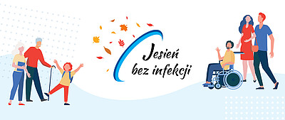 Grafika kampani „Jesień bez infekcji”. Po lewej stronie starsza para spaceruje z wnuczką, a po prawej osoba poruszająca się na wózku inwalidzkim oraz rodzina. W centralnej części znajduje się napis „Jesień bez infekcji”, otoczony kolorowymi jesiennymi liśćmi.