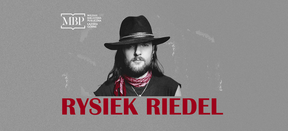 Zdjęcie twarzy Ryszarda Riedel'a. Logo Biblioteki Miejskiej