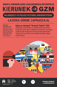 Grafika: profil postaci w kasku z lampką z której wychodzi dymek z grafiką miasta. Informacje dot. wydarzenia w Łaziskach Górnych. Logotypy organizatorów.