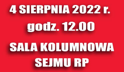 Biały napis, na czerwonym tle, informujący o dacie i godzinie rozpoczęcia posiedzenia sejmu Rzeczypospolitej Polskiej 
