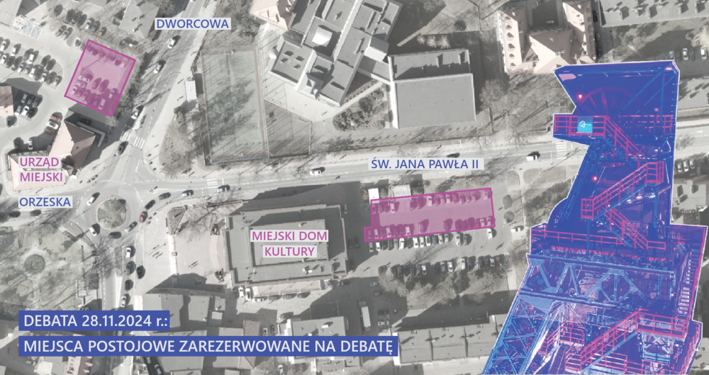 Mapa z lokalizacją miejść postojowych na parkinagach przy Urzędzie Miejskim i za Miejskim Domem Kultury zarezerwowanych na debatę