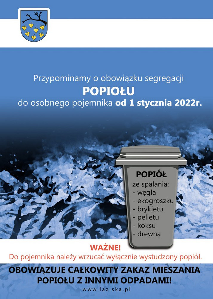 Informacja o potrzebie segregowaniu popiołu 