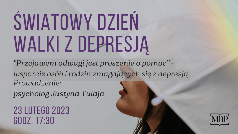 Kobieta pod biała parasolką. Opis spotkania. Logotyp Miejskiej Biblioteki Publicznej.