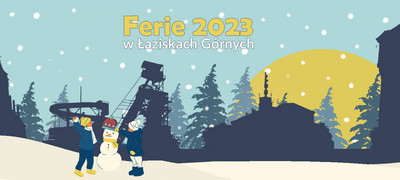 Cienie ze znanymi obiektami w Łaziskach Górnych, dzieci i bałwan w scenerii zimowej. 