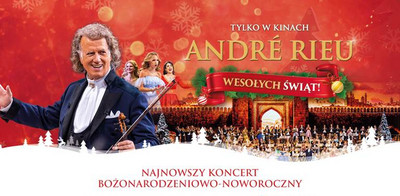 Plakat świątecznego koncertu kinowego. Na czerwonym tle z motywami śnieżynek widoczna jest postać mężczyzny w eleganckim fraku, trzymającego skrzypce i smyczek. Za nim znajdują się tancerki oraz duża scenografia w zimowej oprawie. Na plakacie znajdują się napisy: ‘Tylko w kinach André Rieu’, ‘Wesołych Świąt!’, ‘Najnowszy koncert bożonarodzeniowo-noworoczny’, ‘We wszystkich kinach Helios w grudniu i styczniu’. Na dole logotyp kina Helios oraz informacja o biletach na stronie helios.pl.
