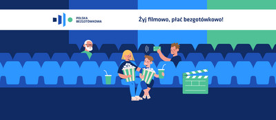 Grafika przedstawiająca salę kinową. Na pierwszym planie dwie osoby z popcornem, w kolejnym rzędzie postać z kartą bankomatową, w ostatnim rzędzie pan z brodą. Logotypy kina bezgotówkowego