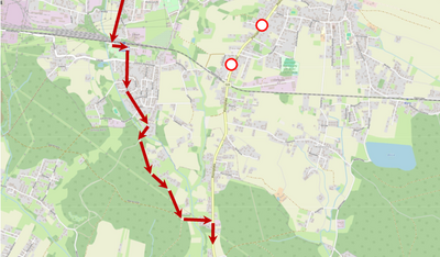 Mama z naniesionym odcinkiem zamkniecia drogi i przebiegiem trasy objazdowej trasą 