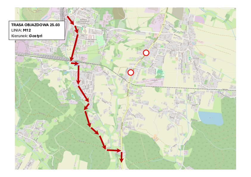 Mama z naniesionym odcinkiem zamkniecia drogi i przebiegiem trasy objazdowej trasą 