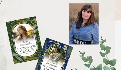 Plakat informujący o spotkaniu autorskim.  Nagłówek: „Spotkanie autorskie”. Informacje: Filia 1, 11 marca 2026 r., godzina 17:00. Gość: Anna Krzysteczko.  Na plakacie znajduje się zdjęcie autorki – kobieta z długimi brązowymi włosami, ubrana w niebieską bluzkę, stoi na tle pleneru. Obok widoczne są okładki książek „Słowiańskie serce” oraz „Słowiańska krew” autorstwa Anny Krzysteczko. Tło jasne, ozdobione motywem zielonych liści. W lewym dolnym rogu logo MBP.