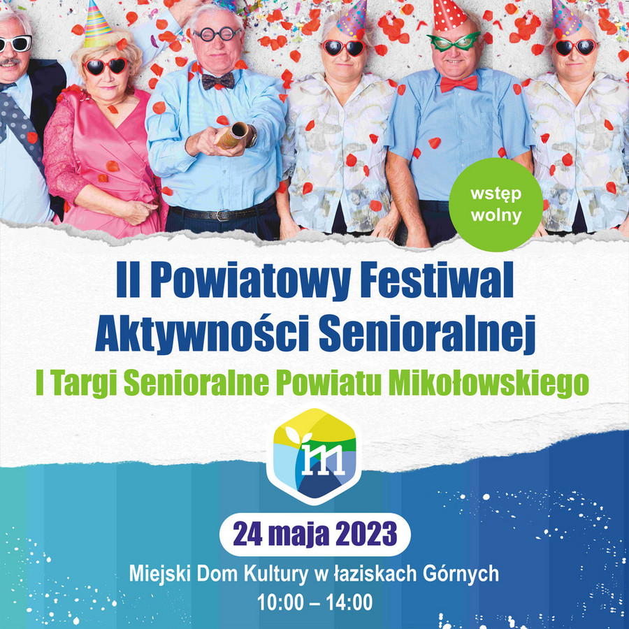 Seniorzy elegancko ubrani, kolorowe czapeczki, okulary, konfetti. Logo Starostwa Powiatowego w Mikołowie. Szczegóły wydarzenia.
