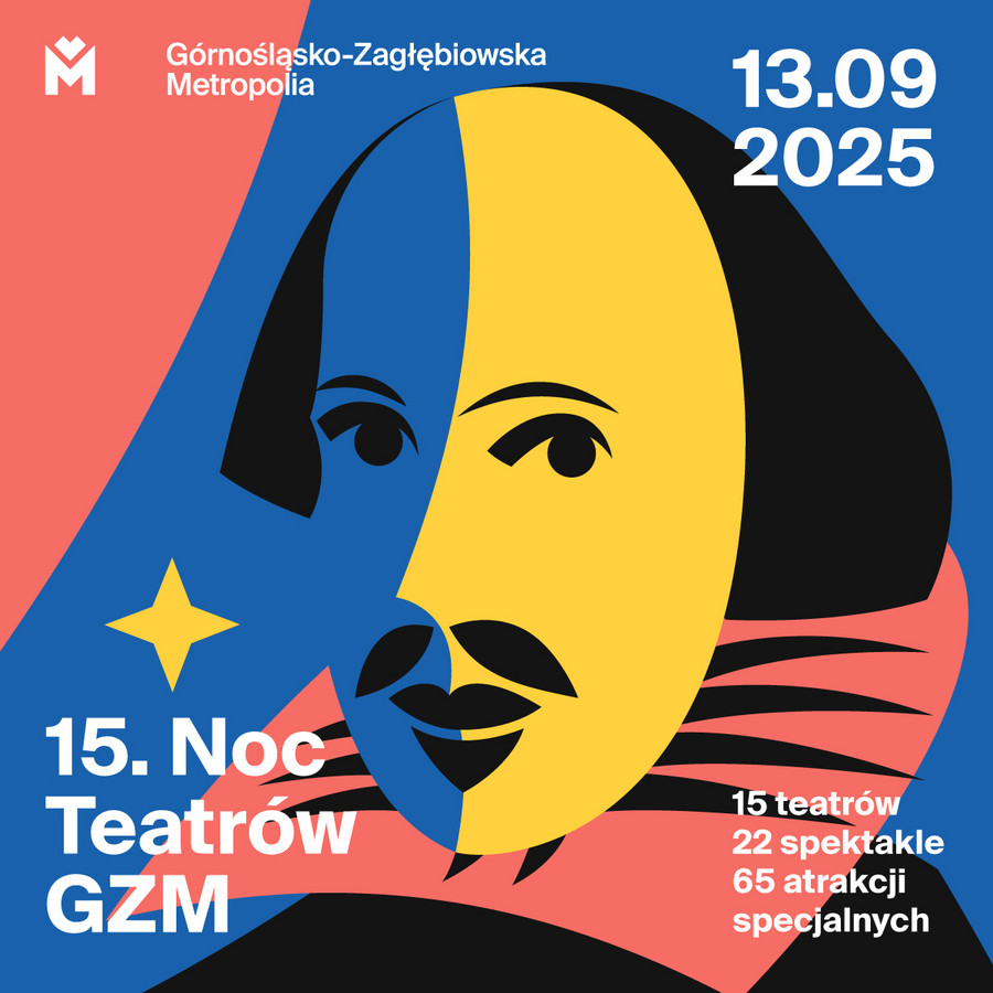 Plakat wydarzenia 15. Noc Teatrów GZM. Na plakacie znajduje się stylizowany wizerunek twarzy Williama Szekspira, któremu towarzyszy tekst określający liczbę uczestników: * 15 teatrów * 22 spektakle * 65 atrakcji specjalnych. Żywe kolory (niebieski, żółty, różowy i czarny) dynamiczna konstrukcja podkreślają teatralny motyw. Szczegóły wydarzenia w treści artykułu.