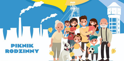 Plakat „Świętojańskie Dni Łazisk” – piknik rodzinny, 20 czerwca 2026 roku, ORS Żabka w Łaziskach Górnych. Na ilustracji wielopokoleniowa rodzina na tle charakterystycznych obiektów miasta.