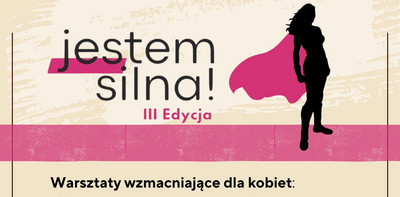 Plakat wydarzenia „Jestem silna! III edycja”. Warsztaty wzmacniające dla kobiet pod hasłem: „Nie biorę tego do siebie. Jak radzić sobie z krytyką i hejtem w internecie i życiu codziennym”.  Po warsztatach zaproszenie na koncert przy świecach „Od klasyki do rozrywki” w wykonaniu Todo Art Trio.  Data i miejsce: 5 marca 2026 r., godz. 17:30, Miejska Biblioteka Publiczna w Łaziskach Górnych. Wstęp wolny, obowiązują zapisy.  Na plakacie widoczna jest sylwetka kobiety w pelerynie oraz zdjęcie trzech muzyków z instrumentami na tle nut i świec.