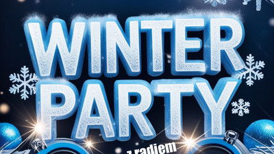 Plakat wydarzenia Winter Party z Radiem Express FM Płatki śniegu, bombki, głośniki na śniegu, w tle granatowe niebo