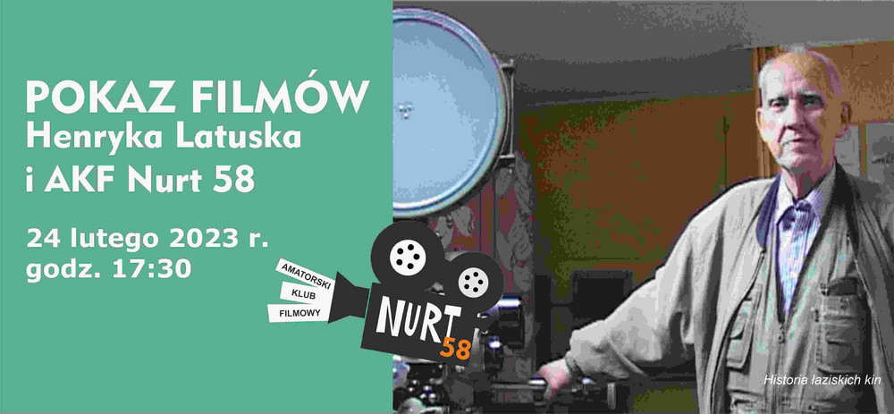 Zdjęcie mężczyzny z kamerą. Grafika kamery oraz temat i szczegóły wydarzenia na zielonym tle.