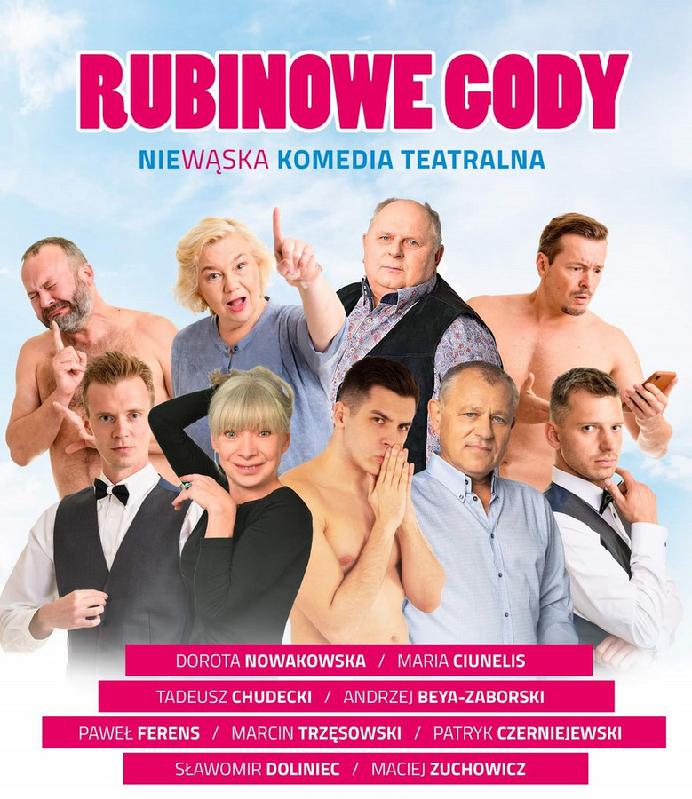 Plakat ze zdjęciem aktorów. Tytuł spektaklu. Nazwiska aktorów występujących w spektaklu.