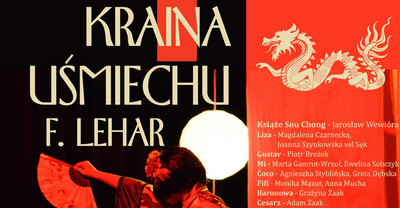 Plakat wydarzenia "Kraina uśmiechu". Operetka F. Lehara na scenie MDK szczegóły w treści. Koloroystyka czarno czerwona złota, zdjęcie tańczącej gejszy.