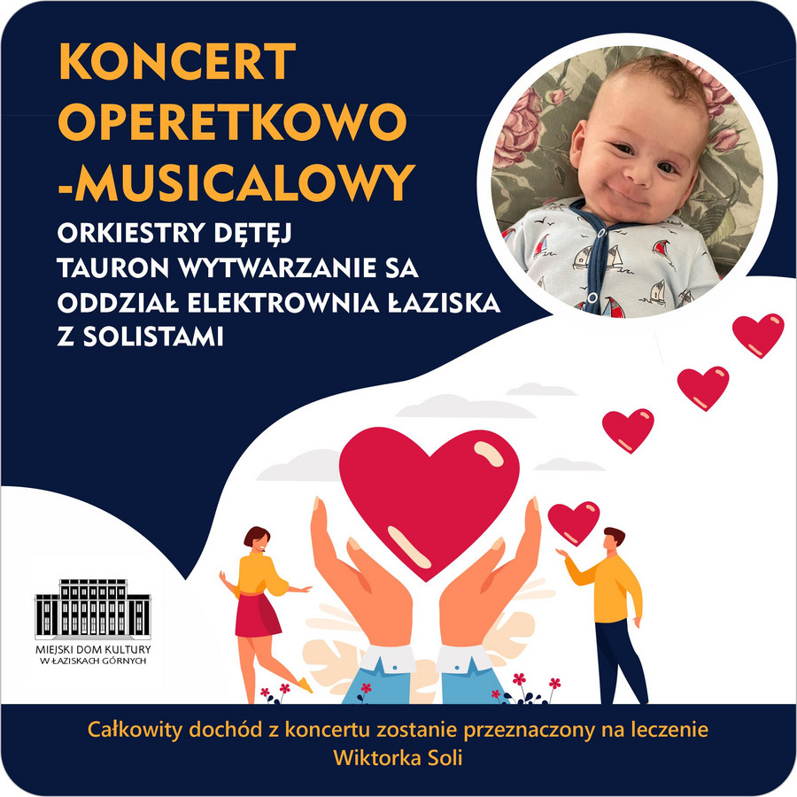Grafika dłoni trzymających serce. Po jednej stronie dłoni postać kobiety po drugiej stronie postać mężczyzny. W lewym górnym rogu nazwa wydarzenia. W prawym górnym rogu zdjęcie dziecka. W lewym dolnym rogu logo Miejskiego Domu Kultury.