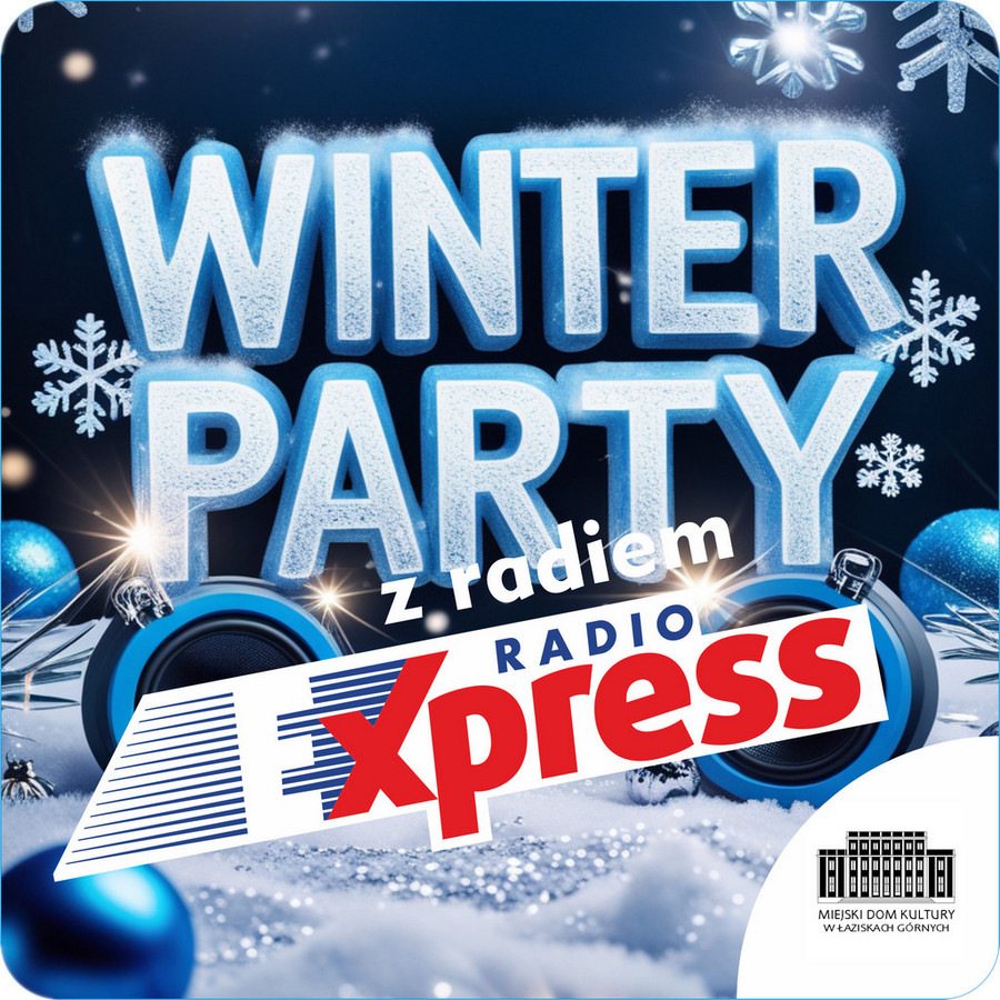 Plakat wydarzenia Winter Party z Radiem Express FM Płatki śniegu, bombki, głośniki na śniegu, w tle granatowe niebo