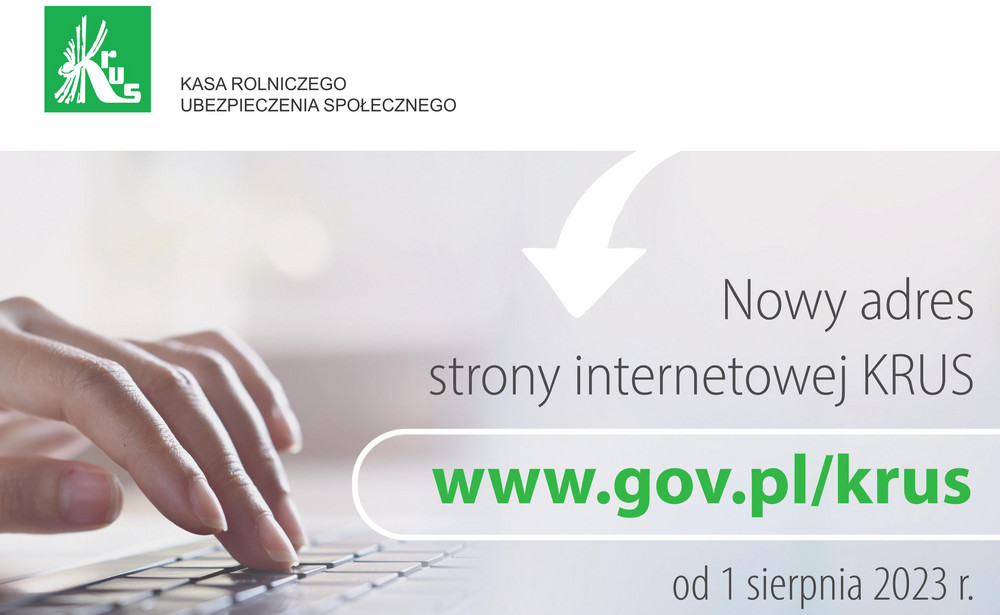 plakat z wyraźnie zaznaczonym nowym adresem strony www.gov.pl/KRUS