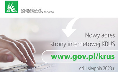plakat z wyraźnie zaznaczonym nowym adresem strony www.gov.pl/KRUS