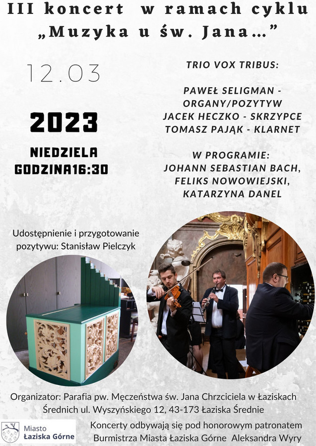 Plakat ze szczegółami wydarzenia. Zdjęcie zespołu z instrumentami. Zdjęcie pozytywu