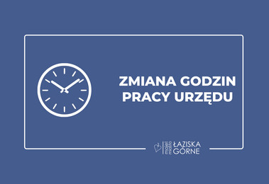 Treść zmiana godzin pracy Urzędu Miejskiego na granatowym tle w białej ramce. Ikona zegara po lewej stronie. W dolnym prawym rogu logo miasta.