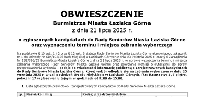 fragment Obwieszczenia Burmistrza Miasta o zgłoszonych kandydatach do Rady Seniorów Miasta Łaziska Górne oraz wyznaczeniu terminu i miejsca zebrania wyborczego