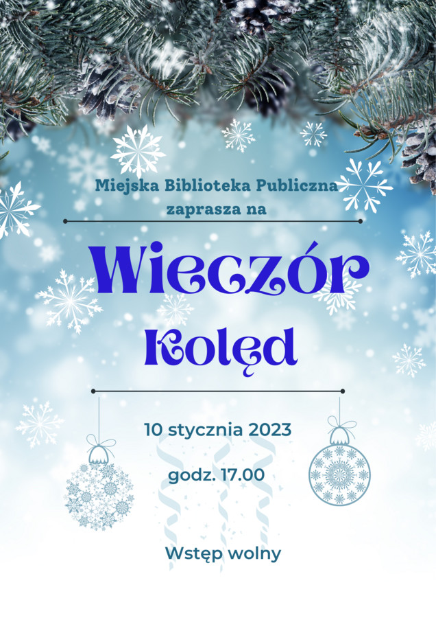 Plakat z niebieskim tłem ze śnieżynkami i gałązkami iglastymi ze szczegółami wydarzenia