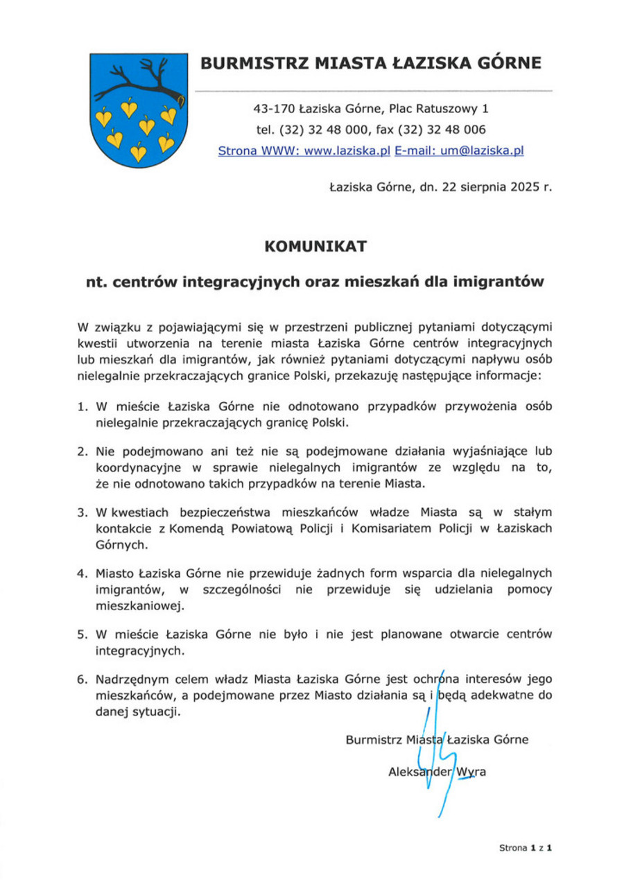 Komunikat na temat centrów integracyjnych oraz mieszkań dla imigrantów - treść komunikatu dostępna cyfrowo znajduję się w pliku PDF poniżej