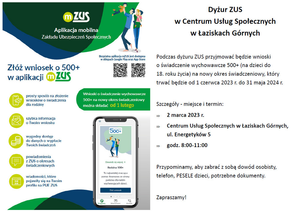 Plakat opisujący zalety aplikacji mobilnej ZUS. W drugiej części szczegóły spotkania w Centrum Usług Społecznych