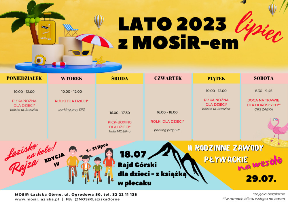 Plakat w formie planu tygodnia ze szczegółami atrakcji.