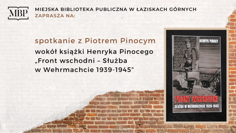 Okładka książki na tle muru ceglanego. Nazwa spotkania. Logo organizatora wydarzenia