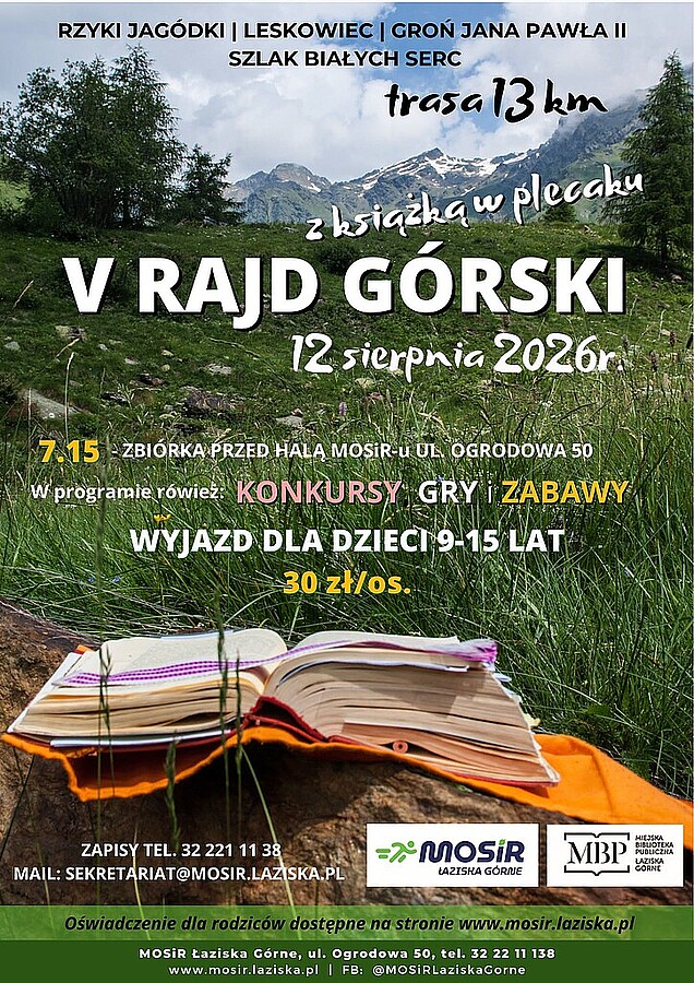 Plakat V Rajdu Górskiego „Z książką w plecaku”. Na tle gór widoczna jest otwarta książka, a plakat zawiera informacje o wyjeździe, które można znaleźć w treści artykułu.