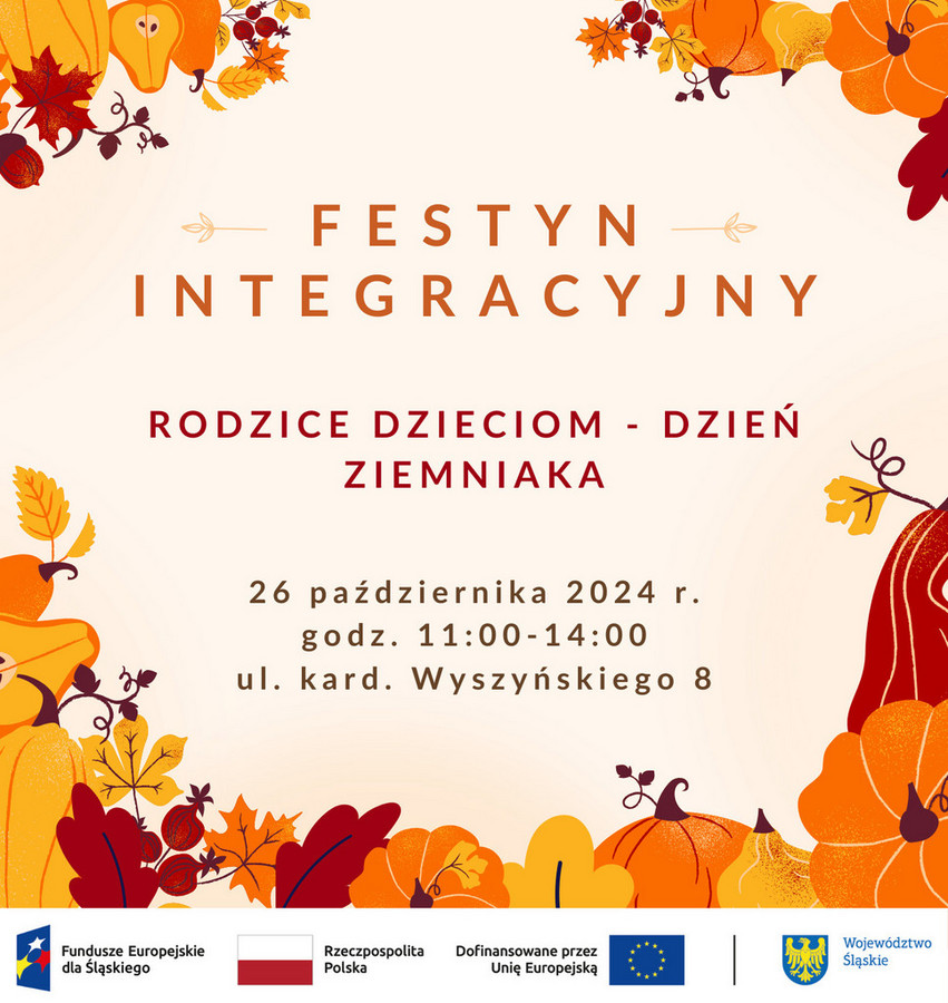 Plakat wydarzenia: Festyn integracyjny „RODZICE DZIECIOM - DZIEŃ ZIEMNIAKA” (szczegóły w treści artykułu)
