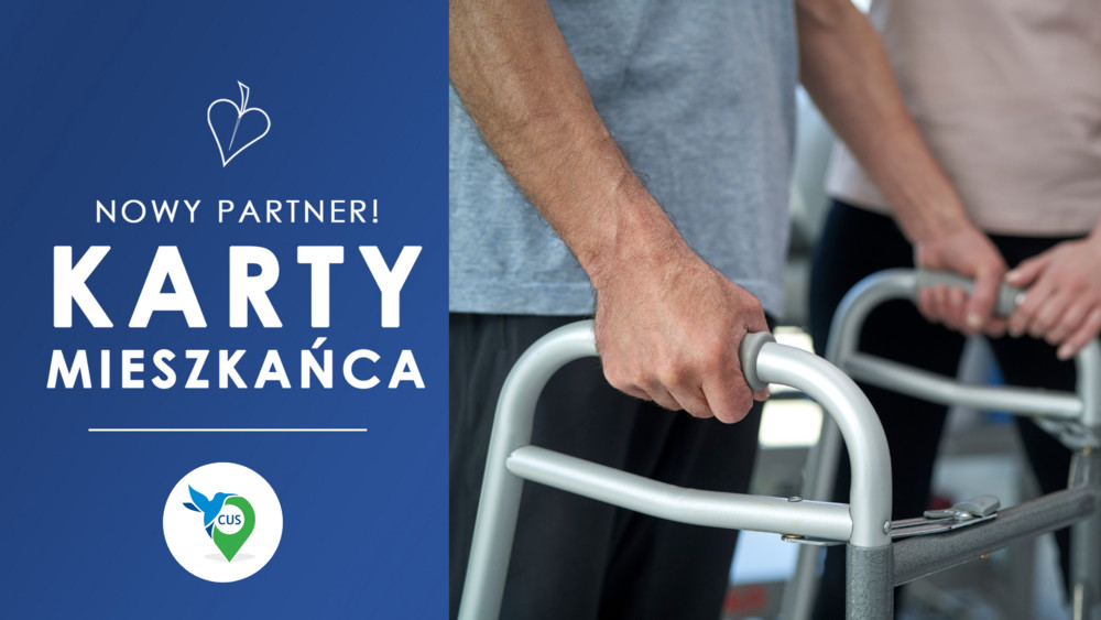 napis Nowy Partner programu Karta Mieszkańca - logotyp Centrum Usług Społecznych w Łaziskach Górnych na granatowym tle, obok zdjęcie sprzętu rehabilitacyjnego