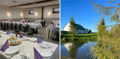 Kolarz zdjęć. Widok sali restauracyjnej. Widok na biały budynek, a przed nim staw i zieleń.