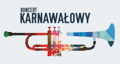 Grafika z kolorową trąbką i napisem koncert karnawałowy