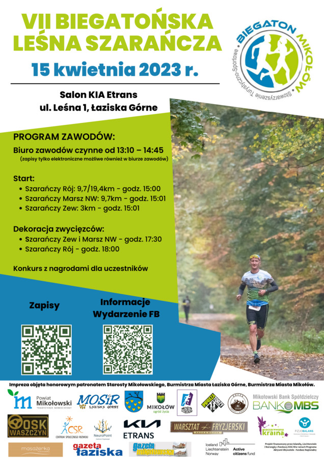 Zdjęcie biegacza w lesie, logo stowarzyszenia. Szczegóły wydarzenia.