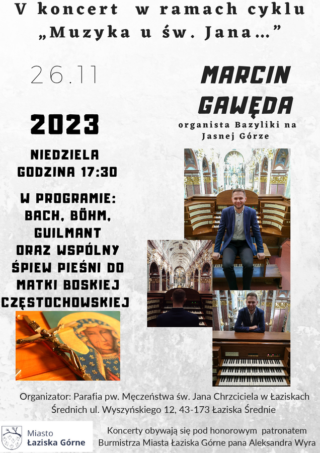 Plakat ze szczegółami wydarzenia. Zdjęcie organisty.