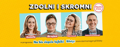Grafika ze zdjęciami aktorów na żółtym tle. Nazwa występu.