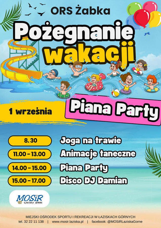 Plakat Piana Party na Ors Żabka 1 września 2024 r.; 8:30 joga na trawie, 11:00-13:00 animacje taneczne, 14:00-15:00 Piana Party, 15:00-17:00 DJ Disco Damian