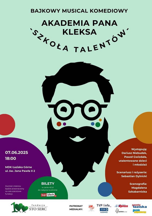 Twarz Pana Kleksa w okularach, z brodą i kolorowymi piegami na zielonym tle; powyżej czarny napis bajkowy musical komediowy pt. Akademia Pana Kleksa. Szkoła talentów. Pozostałe informacje o wydarzeniu w treści artykułu.