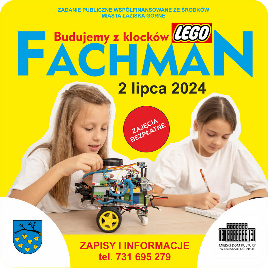 Dwie dziewczyny w wieku szkolnym. Dziecko po prawej układa klocki, po lewej notuje w zeszycie. Zółte tło. W dolnych rogach logotypy organizatorów. W dolnych rogach grafiki logotypy organizatorów. Szczegóły wydarzenia.