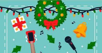 Plakat wydarzenia: Kiermasz Charytatywny 13 grudnia 2024 w Miejskim Domu Kultury: Instrumenty Muzyczne i dekoracje świąteczne na niebieskim i czerwonym tle.