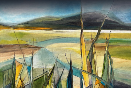 Wystawa podsumowująca XXIV Łaziski Plener Malarski im. Sylwestra Majzla Ochotnica Dolna 2024. Obraz przedstawiający krajobraz, trawa, łaki, góry, niebo.