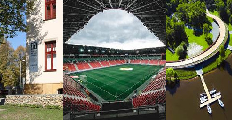 fragment elewacji Muzeum Miejskiego w Tychach, trybuny Stadionu GKS Tychy, Marina II nad Jeziorem Paprocańskim