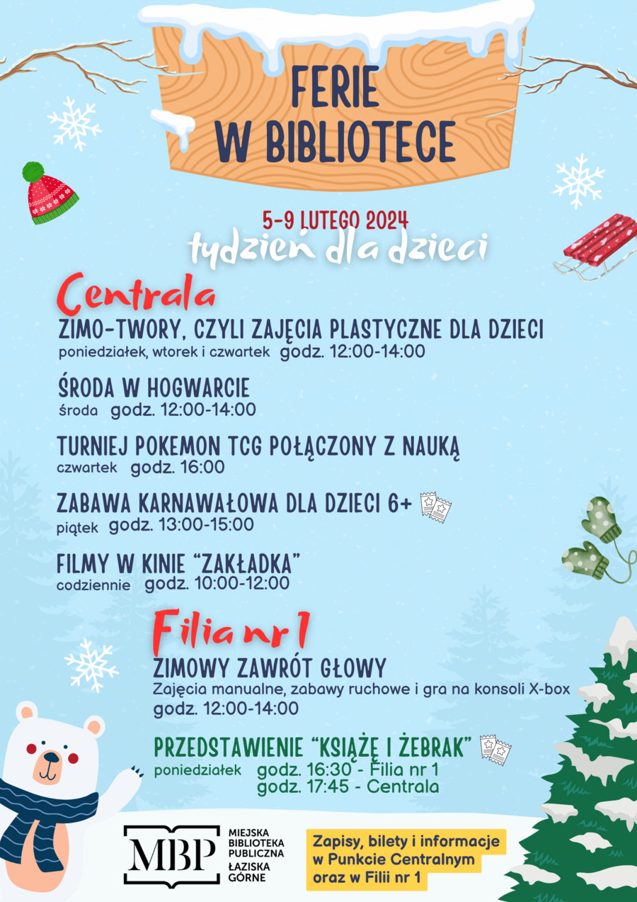 Szczegóły wydarzeń w bibliotece w drugim tygodniu Ferii. Szczegóły w tekście.