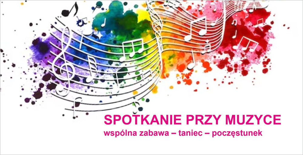 Grafika kolorowych plam na nich pięciolinia z nutami.